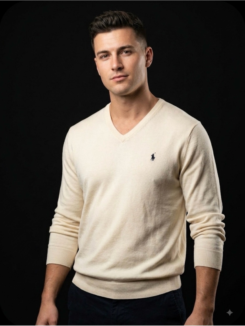 Polo by Ralph Lauren Cream V-Neck Sweater with Navy Pony - Picture 1 of 6